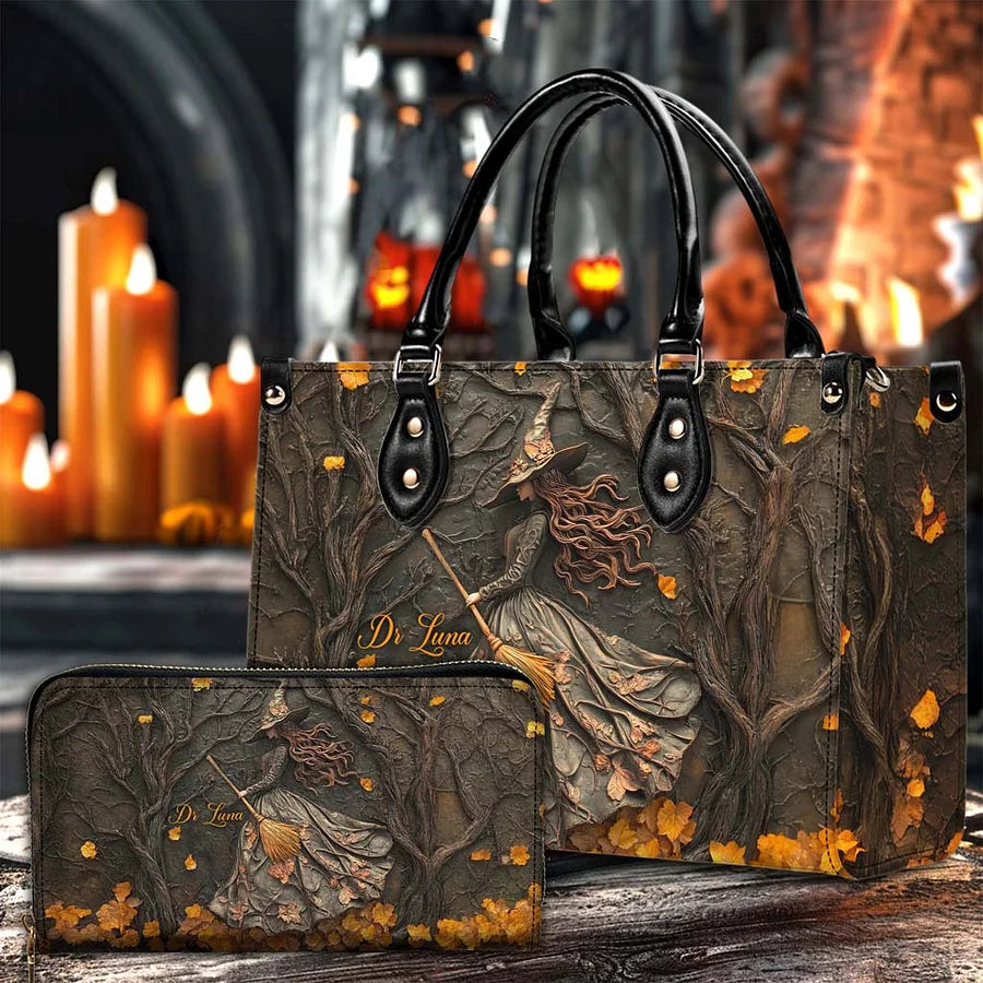 Personalized Halloween Witch Print 3D Leather Handbag, Fall Leather Handbag & Wallet