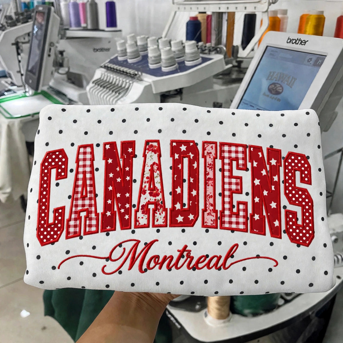Custom Hockey Team Patchwork Embroidered Polka Dot Sweatshirt | Hockey Fan Game Day Gear