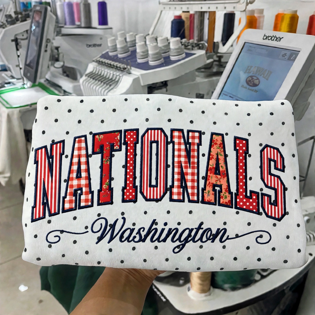 Custom Embroidered Patchwork Mix Fabric Baseball Team Polka Dot Sweatshirt | Game Day Wear