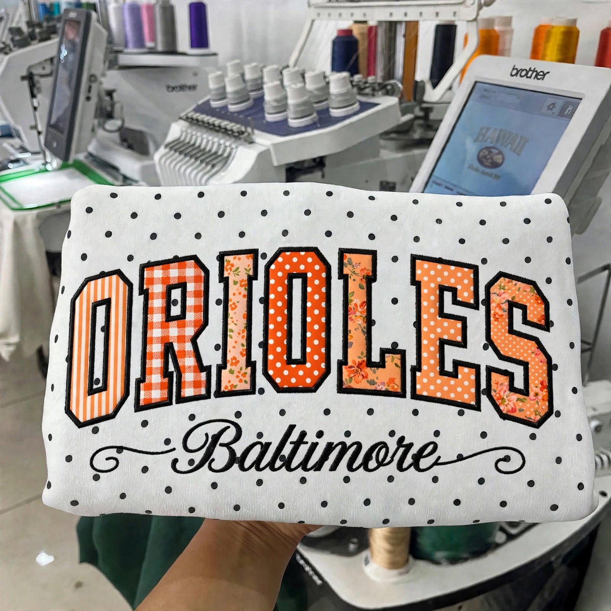 Custom Embroidered Patchwork Mix Fabric Baseball Team Polka Dot Sweatshirt | Game Day Wear