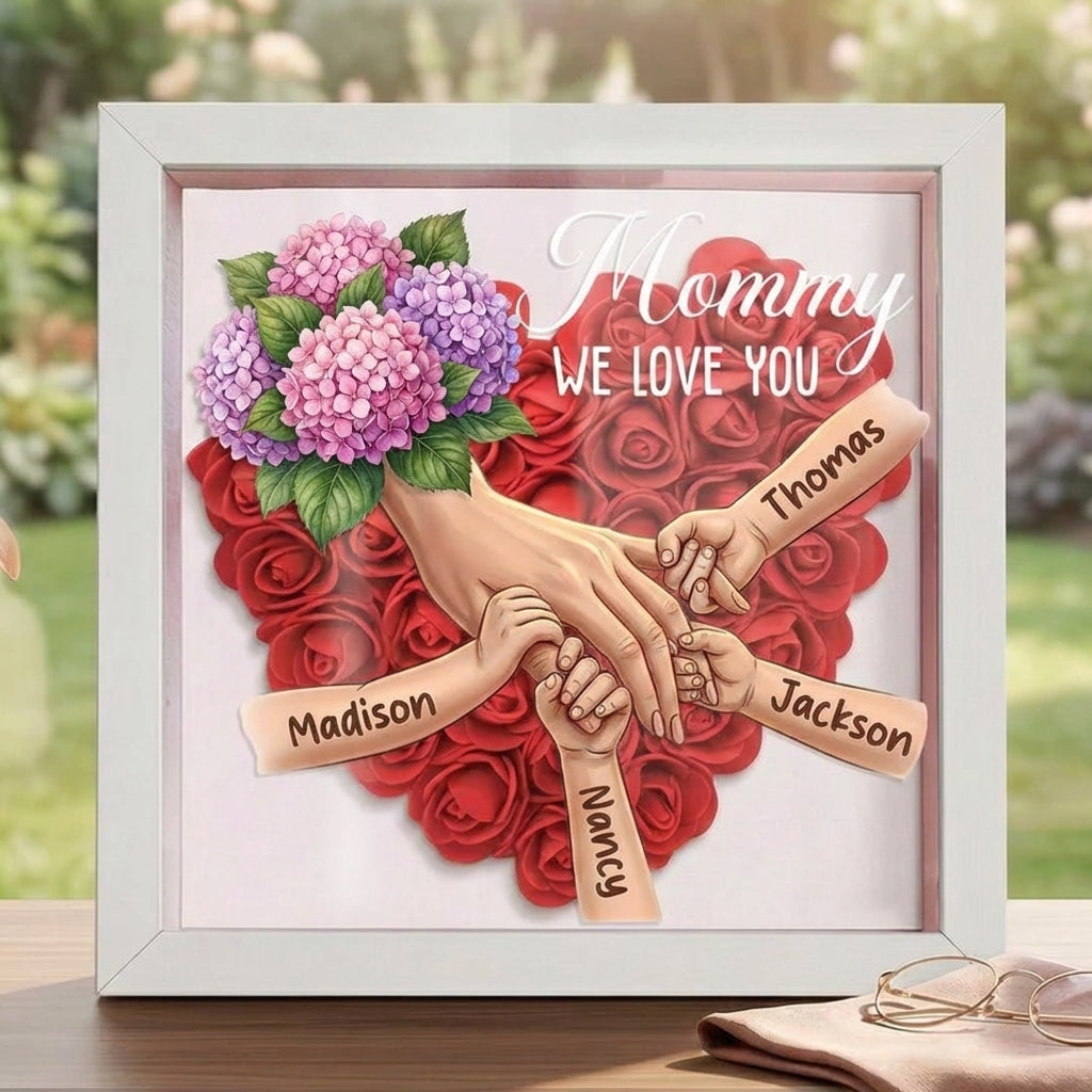 "Hydrangea"-Personalized Mom Holding Hands Flower Shadow Box-Mother's Day Remembrance Frame