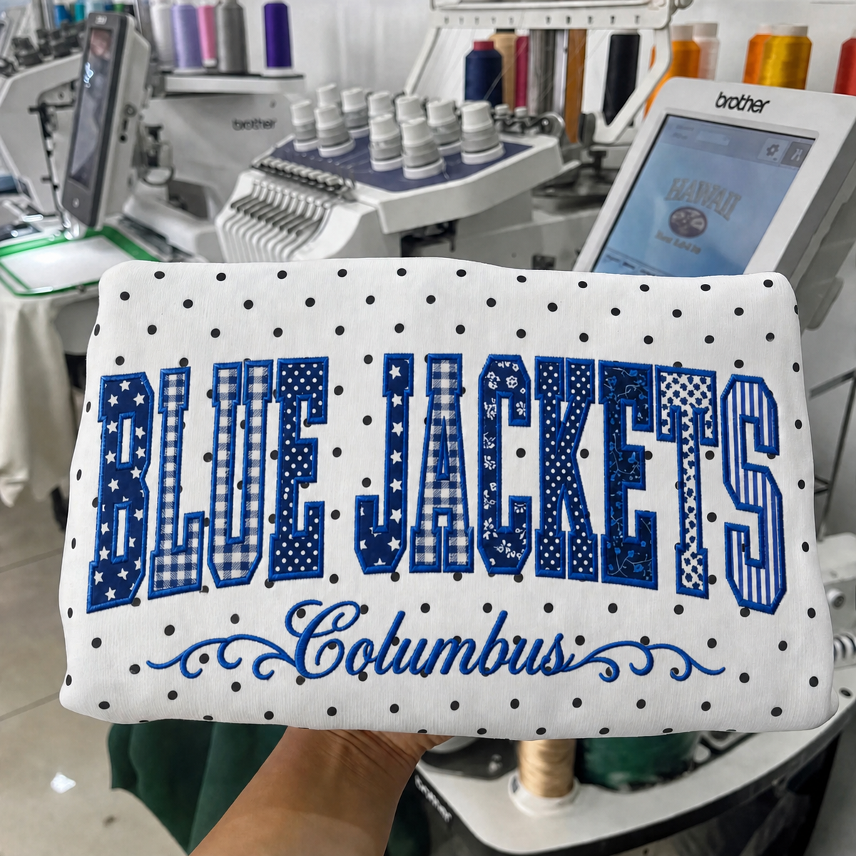 Custom Hockey Team Patchwork Embroidered Polka Dot Sweatshirt | Hockey Fan Game Day Gear
