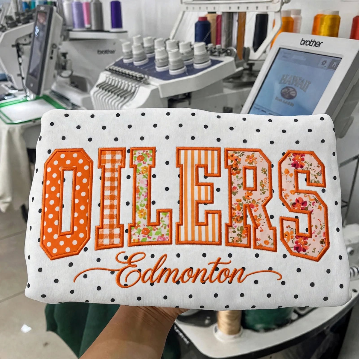 Custom Hockey Team Patchwork Embroidered Polka Dot Sweatshirt | Hockey Fan Game Day Gear