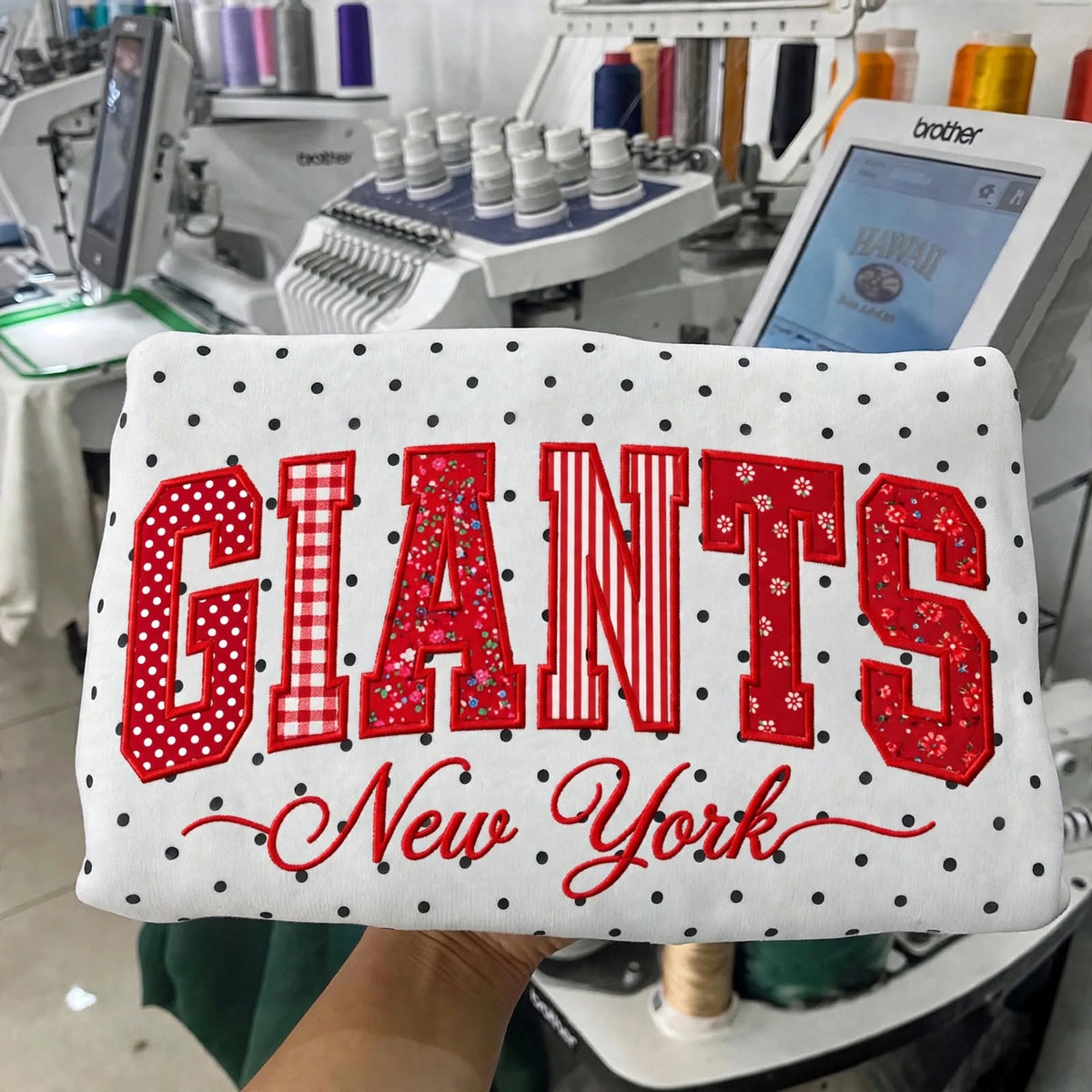 Custom Patchwork Fabric Embroidered Football Team Polka Dot Sweatshirt Game Day Wear
