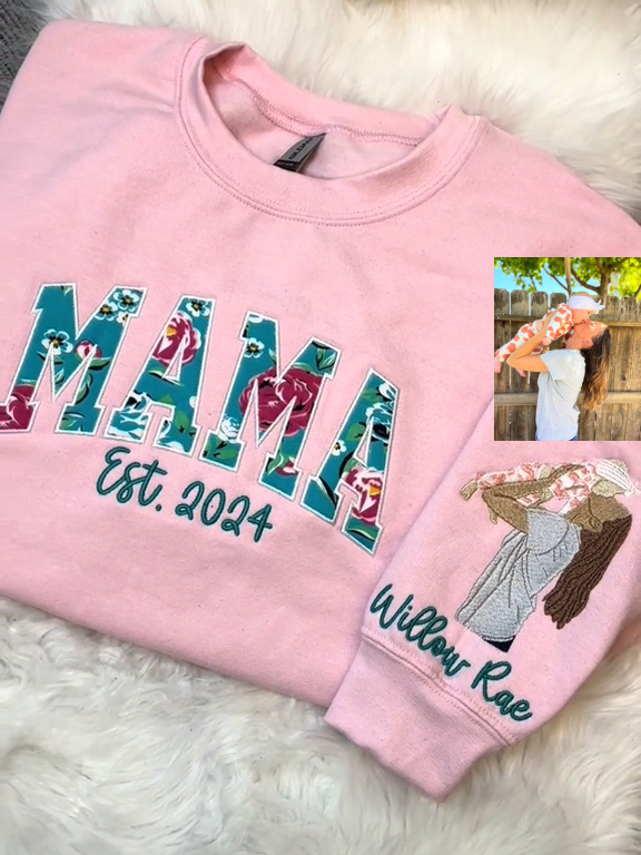 Custom Embroidered Features Floral Mama Sweatshirt Personalised Kids Portrait on Sleeve | Mother's Day Gift