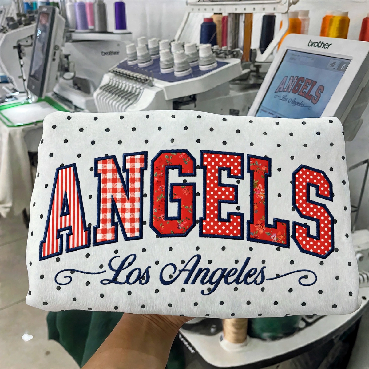 Custom Embroidered Patchwork Mix Fabric Baseball Team Polka Dot Sweatshirt | Game Day Wear
