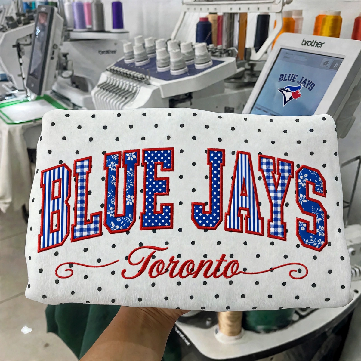 Custom Embroidered Patchwork Mix Fabric Baseball Team Polka Dot Sweatshirt | Game Day Wear
