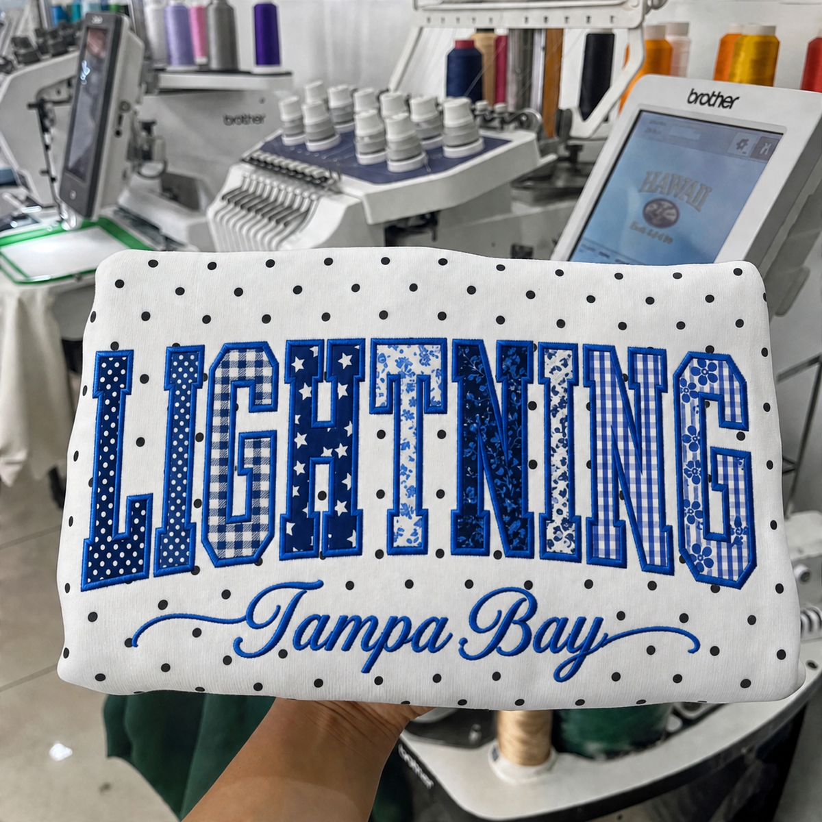 Custom Hockey Team Patchwork Embroidered Polka Dot Sweatshirt | Hockey Fan Game Day Gear