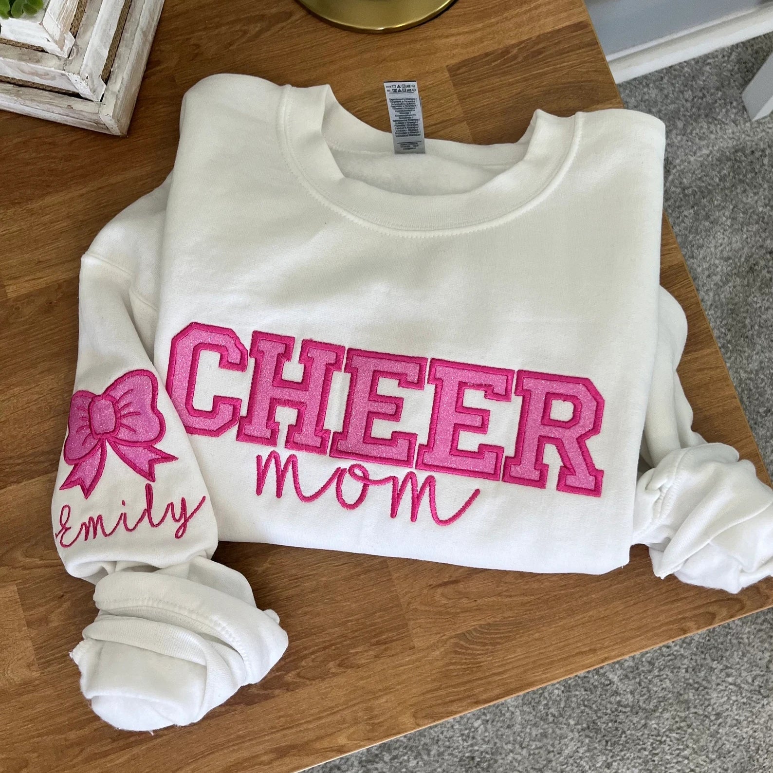 Custom Personalized Embroidered College Cheer Mom Sweatshirt with name on sleeve
