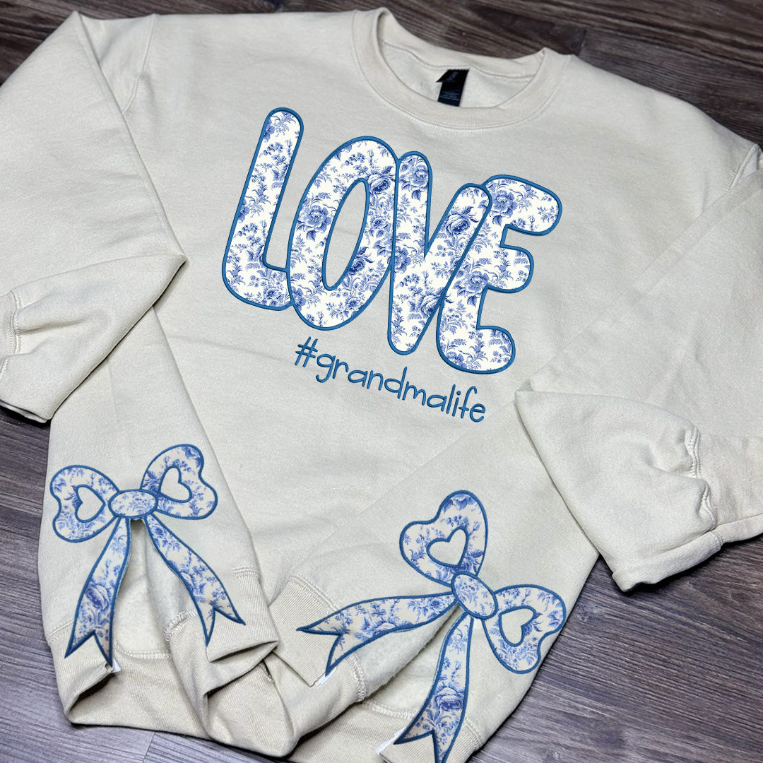 Custom Love Grandma Floral Applique Embroidered Christmas Bow Embellished Sweatshirt