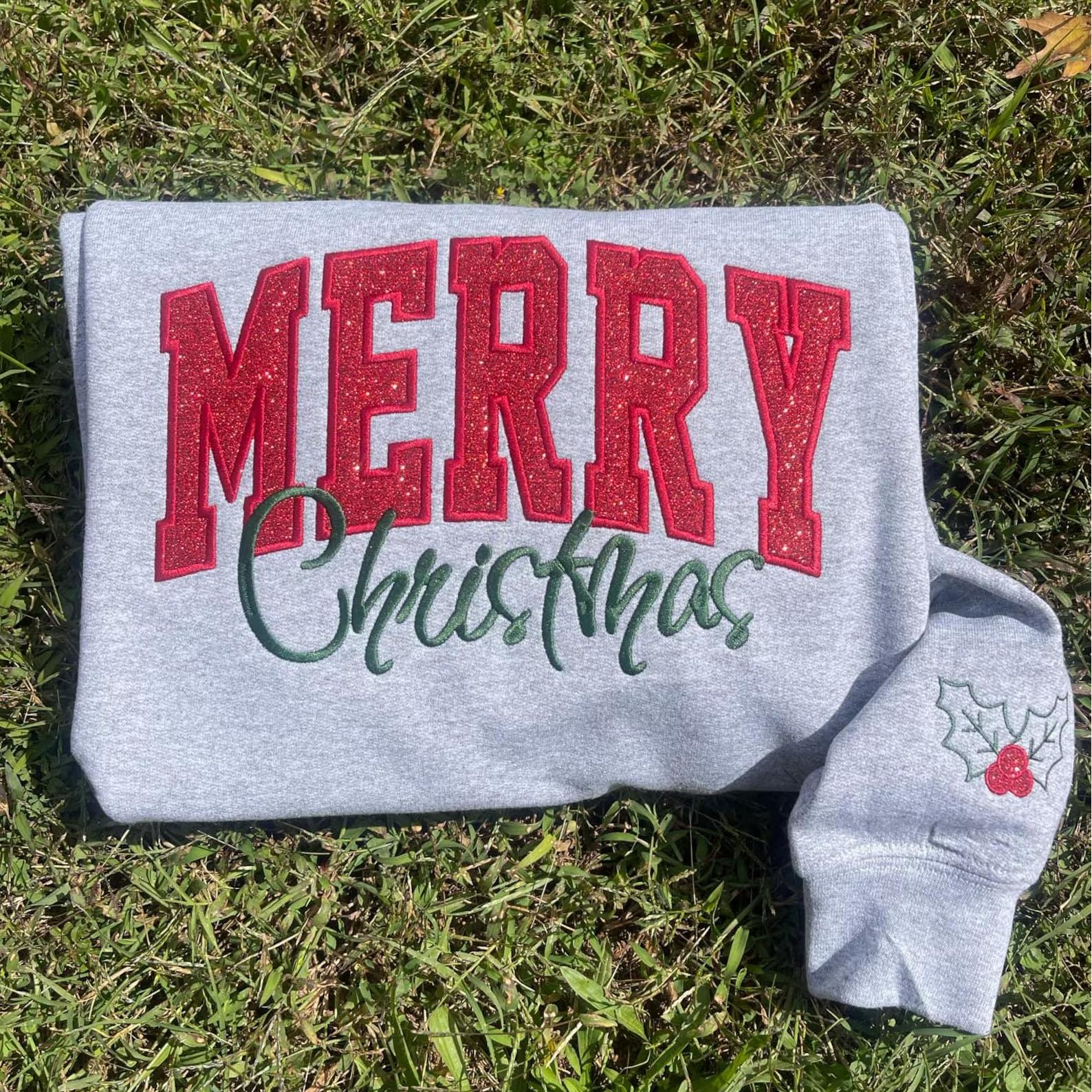 Merry Christmas Glitter Applique Embroidered Sweatshirt