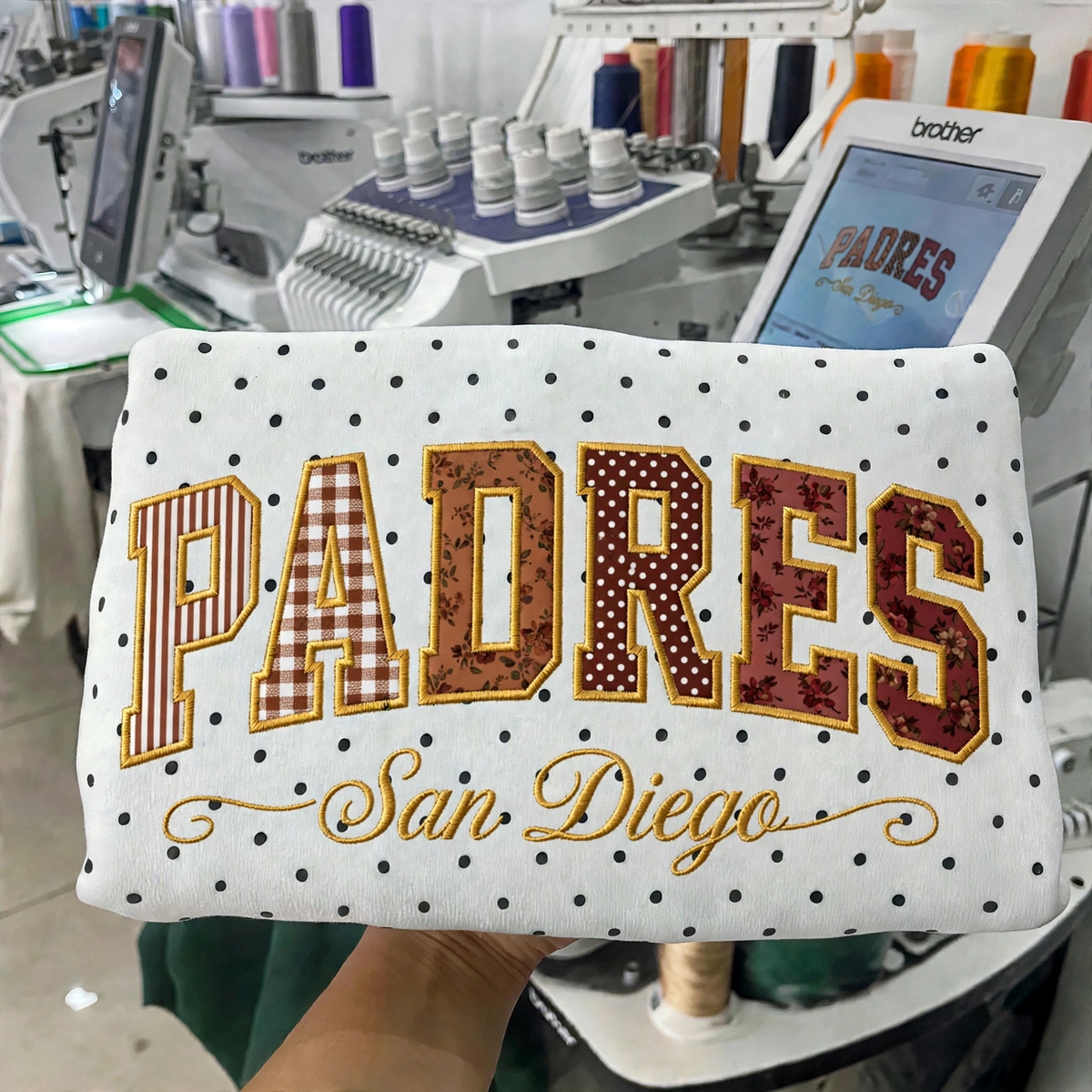 Custom Embroidered Patchwork Mix Fabric Baseball Team Polka Dot Sweatshirt | Game Day Wear