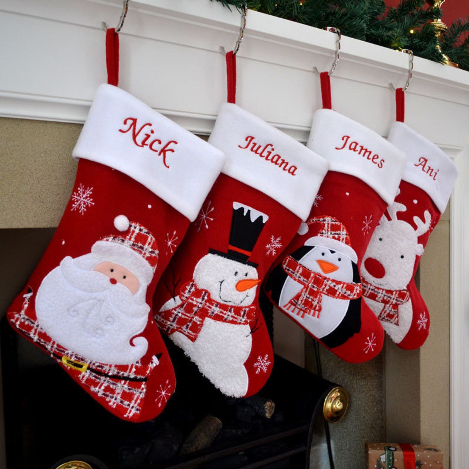 Personalized embroidered Christmas plush large stockings featuring Santa Claus/snowman/penguin/reindeer