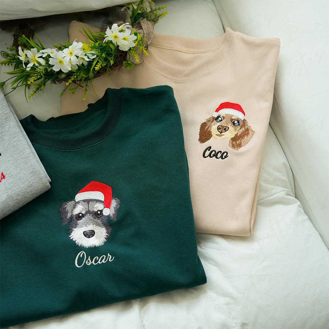 Custom Pet Portrait Embroidered Christmas Jumper, Sweatshirt, Hoodie, T-shirt, Perfect Xmas Gift for Pet Lover