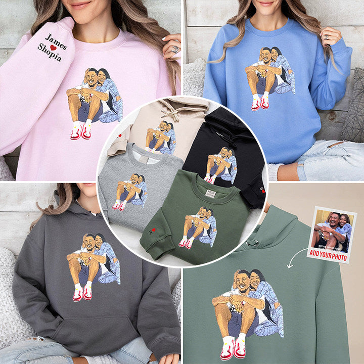 Custom Valentine's Day Couple Full Color Embroidered Sweatshirt with Facial Details - Best Gifts to Lover