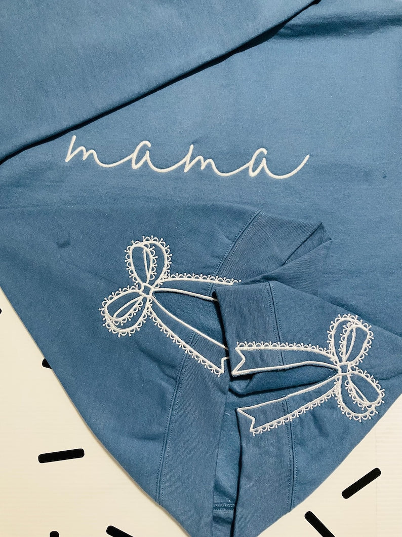 Custom Embroidered Mom Sweatshirt With Lace Side Bow Design | Mother's Day Gift
