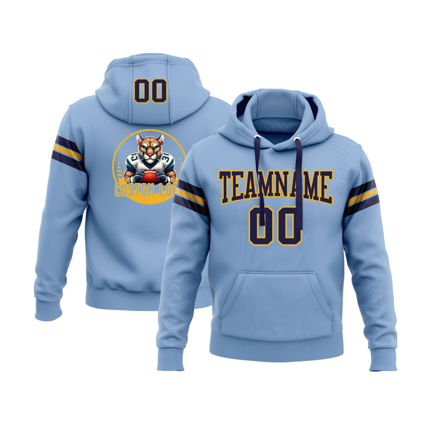 Custom Light Blue Navy-Gold Personalized Sports Team Embroidered Pullover Hoodie