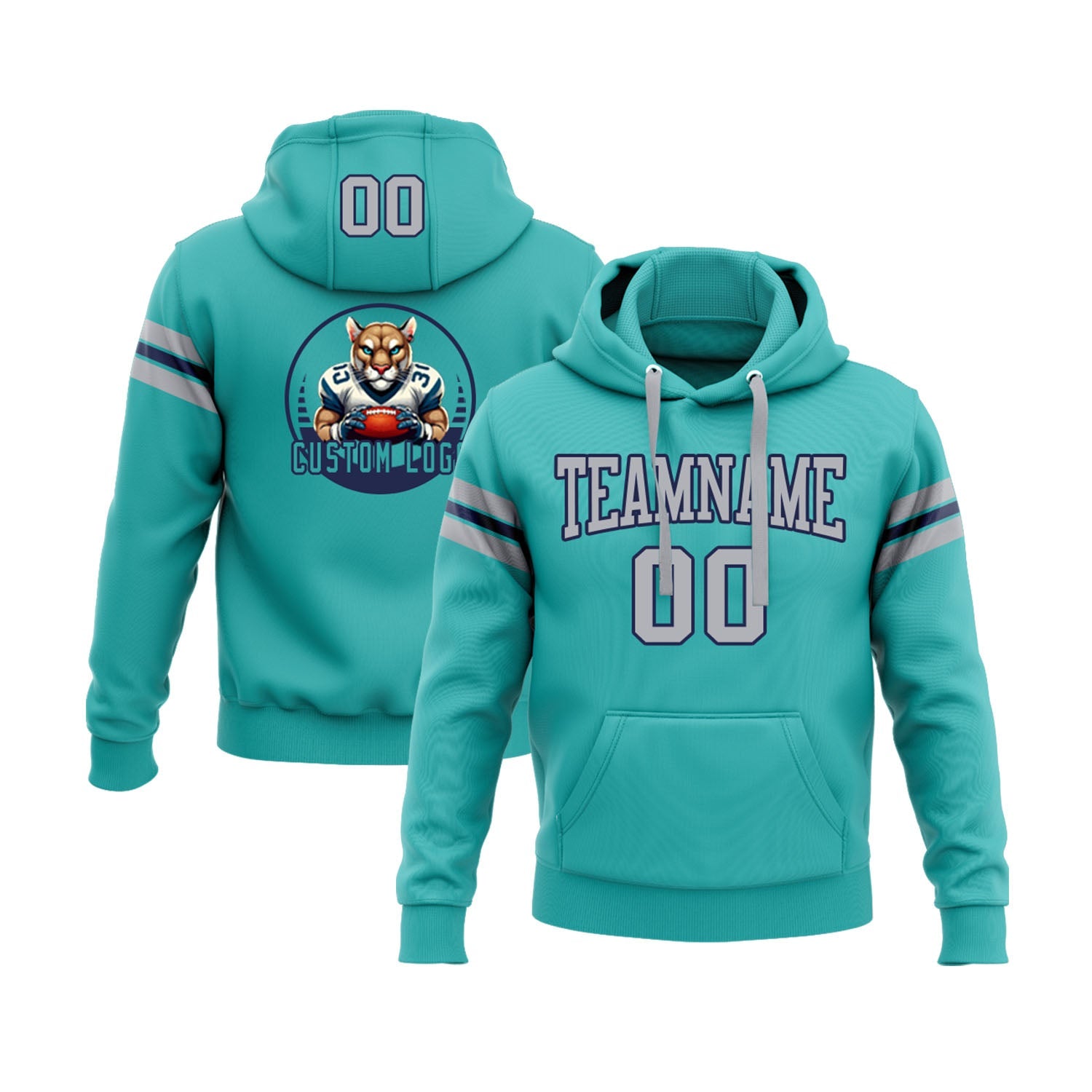 Custom Aqua Gray-Navy Personalized Sports Team Embroidered Pullover Hoodie
