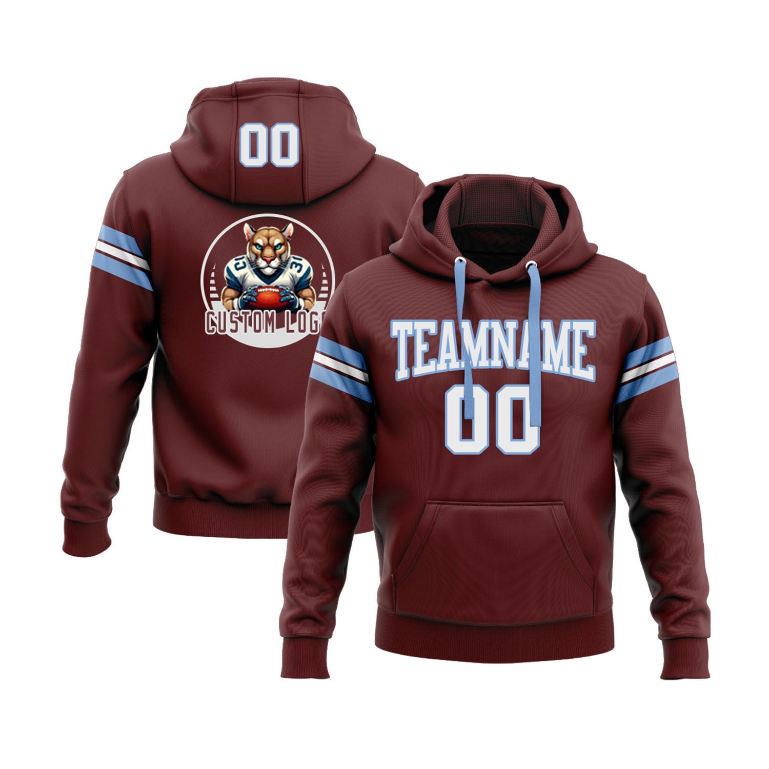 Custom Burgundy White-Light Blue Personalized Sports Team Embroidered Pullover Hoodie