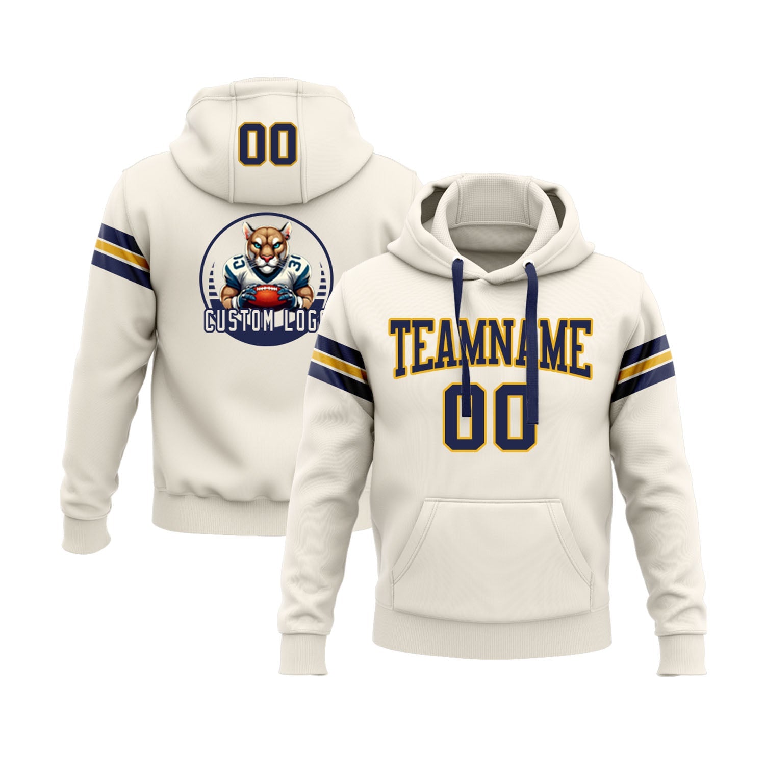 Custom Cream Navy-Gold Personalized Sports Team Embroidered Pullover Hoodie