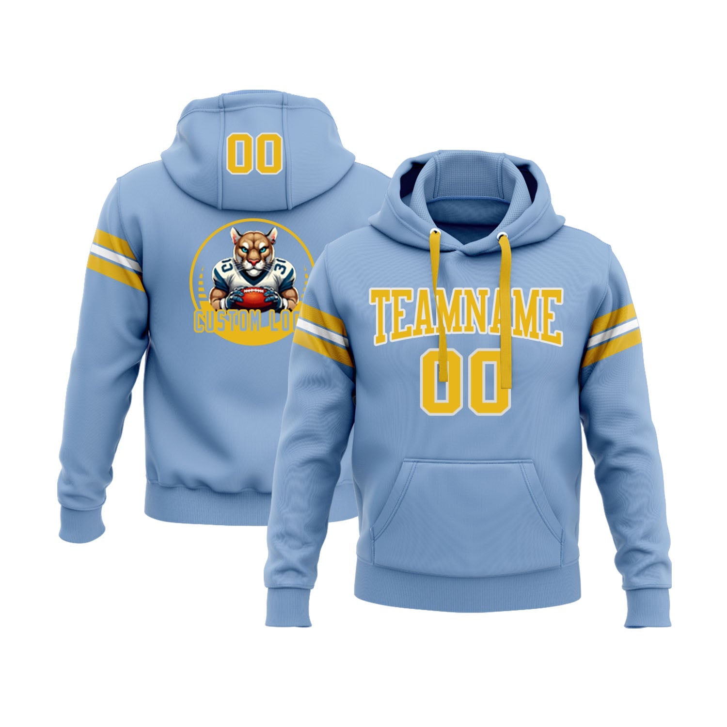 Custom Light Blue Gold-White Personalized Sports Team Embroidered Pullover Hoodie