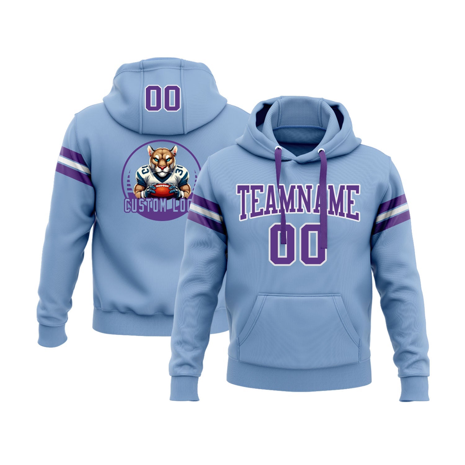 Custom Light Blue Purple-White Personalized Sports Team Embroidered Pullover Hoodie