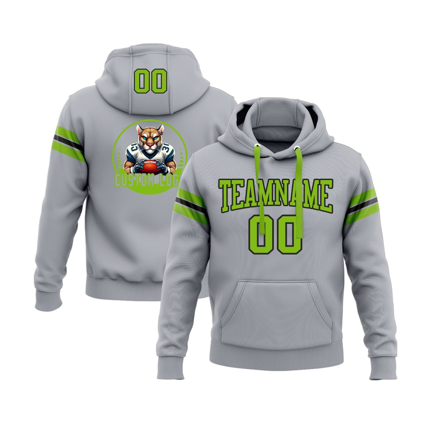 Custom Gray Neon Green-Black Personalized Sports Team Embroidered Pullover Hoodie