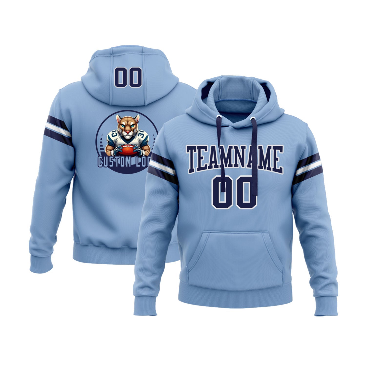 Custom Light Blue Navy-White Personalized Sports Team Embroidered Pullover Hoodie