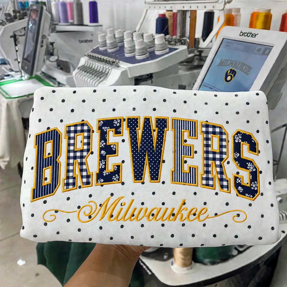 Custom Embroidered Patchwork Mix Fabric Baseball Team Polka Dot Sweatshirt | Game Day Wear