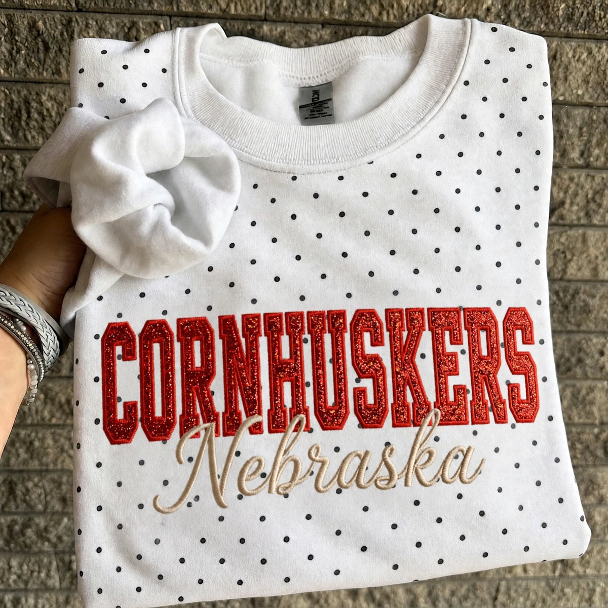 Custom College Baseball Team Sweatshirt, Embroidered Glitter Vinyl Polka Dot, Game Day Gift