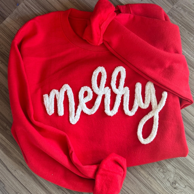 Custom Merry Christmas Chenille Yarn Embroidered Crewneck Sweatshirt