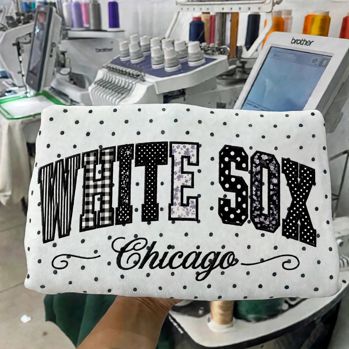 Custom Embroidered Patchwork Mix Fabric Baseball Team Polka Dot Sweatshirt | Game Day Wear