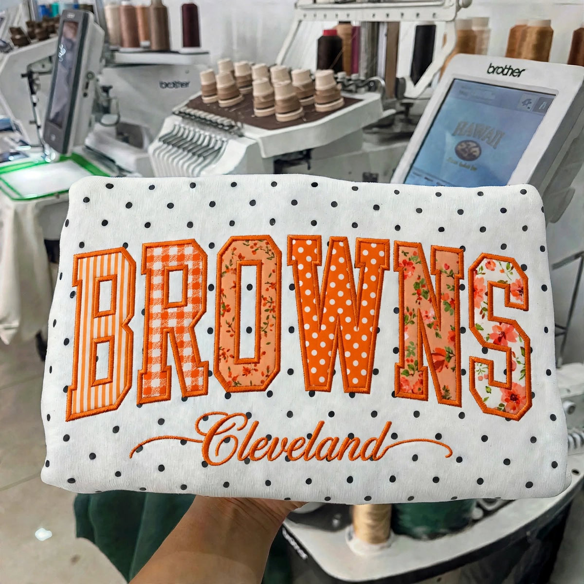 Custom Patchwork Fabric Embroidered Football Team Polka Dot Sweatshirt Game Day Wear
