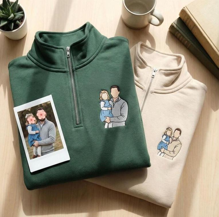 Custom Embroidered Portrait Quarter Zip Sweatshirt | Mother's Day Gift