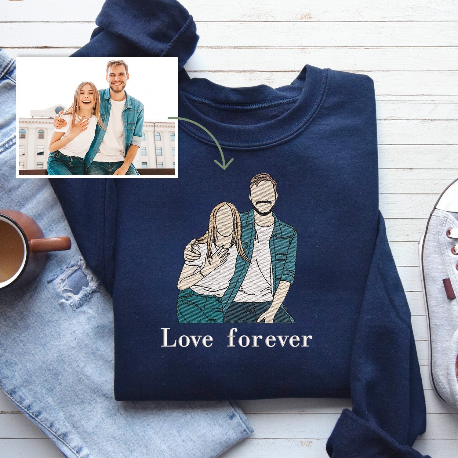 Couple photo Embroidered Sweatshirt, Embroidered gift for couple, Valentine Personalized, First Anniversary Gift