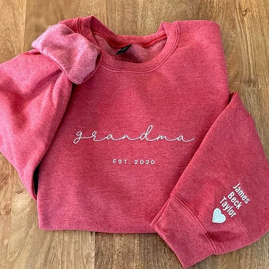 Custom Embroidered Grandma Sweatshirt with Grandkids Names on Sleeves