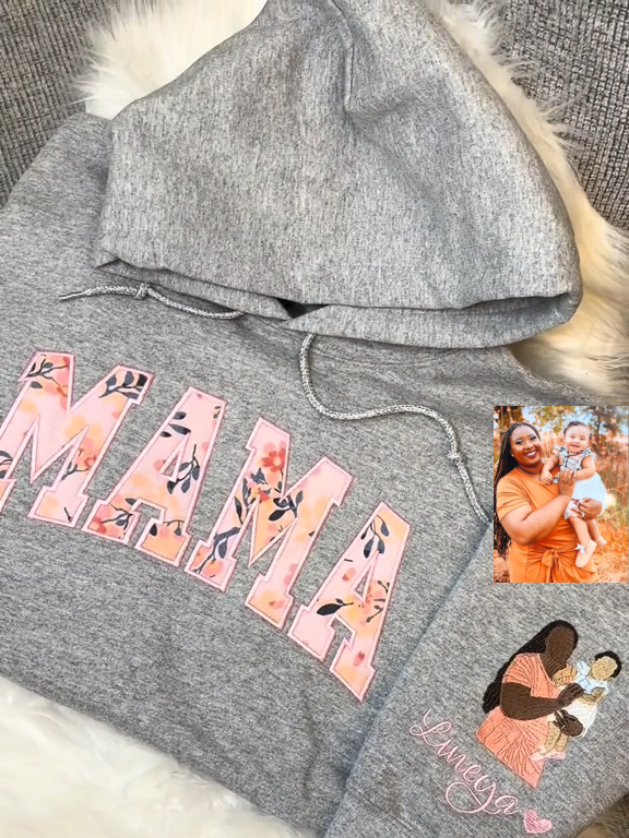 Custom Embroidered Features Floral Mama Sweatshirt Personalised Kids Portrait on Sleeve | Mother's Day Gift