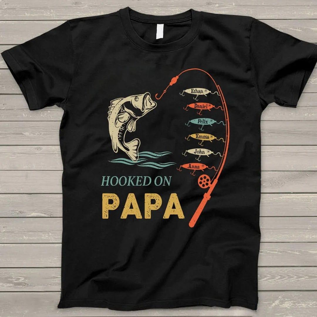 Custom Personalized Reel Cool Fishing Papa T-shirt with Kid Names, Father's Day Gift for Dad/Grandpa