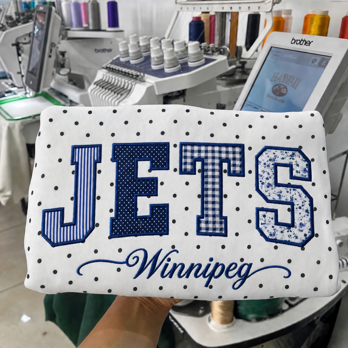 Custom Hockey Team Patchwork Embroidered Polka Dot Sweatshirt | Hockey Fan Game Day Gear