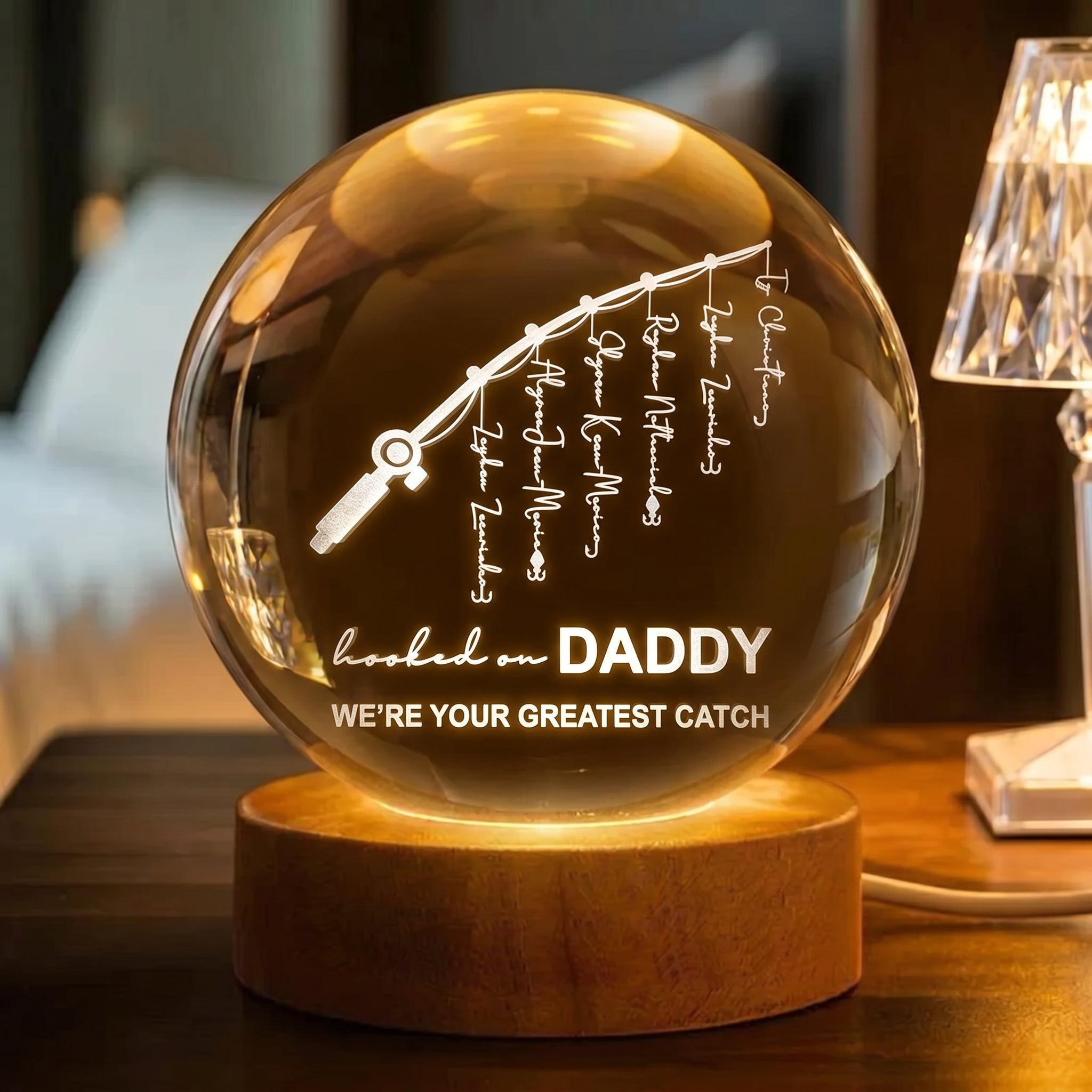 Personalized "Greatest Catch" Fishing Rod 3D Crystal Ball Night Light – Custom Kids' Names LED Lamp – Unique Father’s Day Gift for Dad & Grandpa