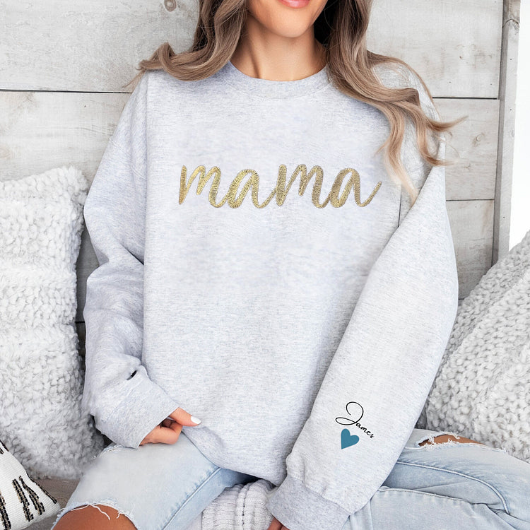 Custom Embroidered mama T-shirt&Sweatshirt with Names on Sleeve | Mother's Day Gift