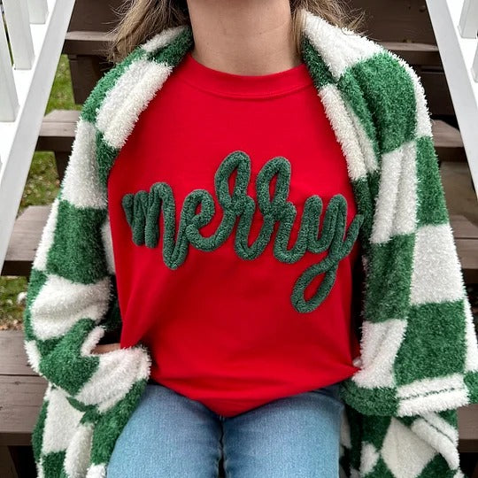 Custom Chenille Yarn Embroidered Merry Sweatshirt