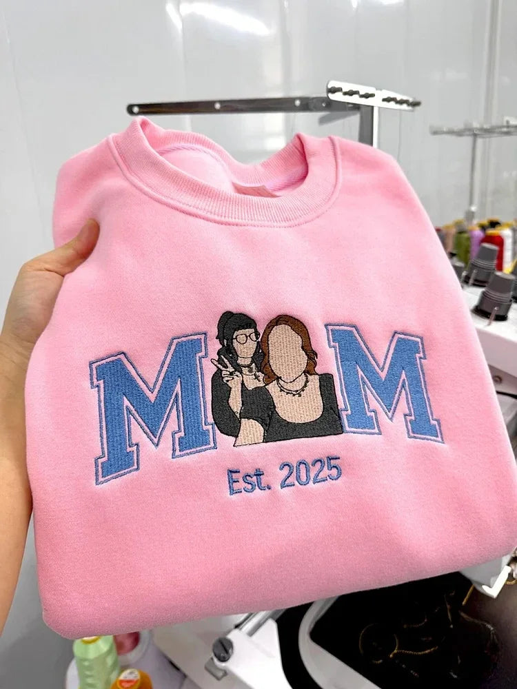 Custom Embroidered Mum Mama Sweatshirt with Kids Portrait Hoodie | Mother’s Day Gift