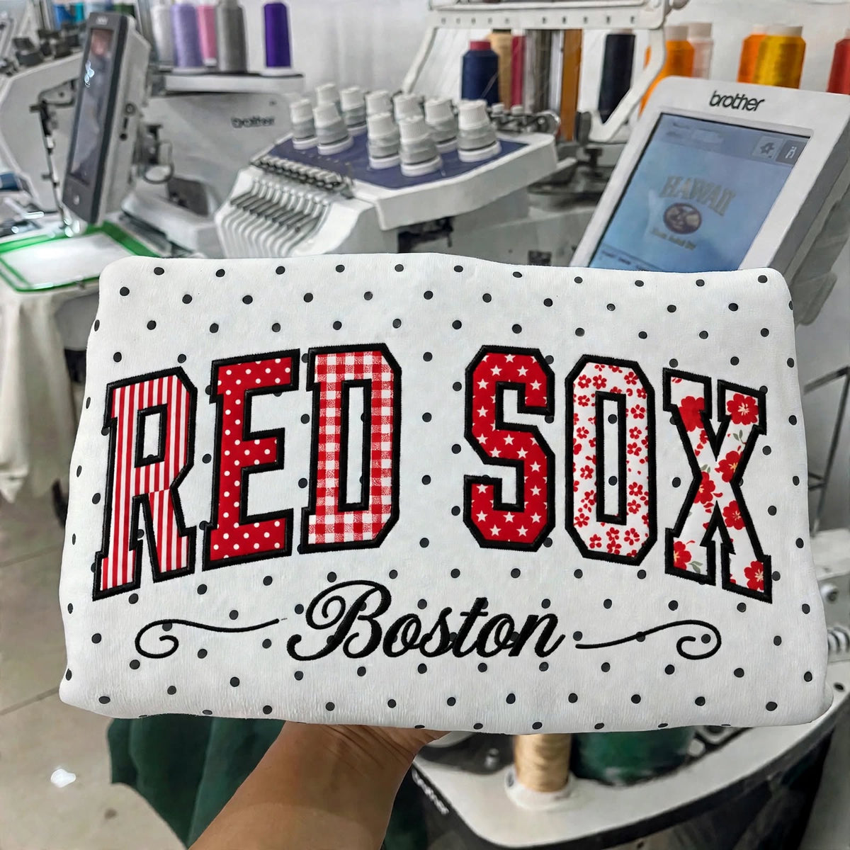 Custom Embroidered Patchwork Mix Fabric Baseball Team Polka Dot Sweatshirt | Game Day Wear