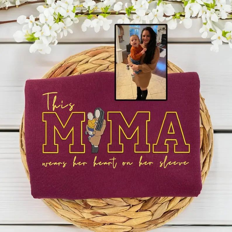 Mom Wears Her Heart on Her Sleeves - Custom Embroidered Photo Mama Sweatshirt | Mother's Day Gift