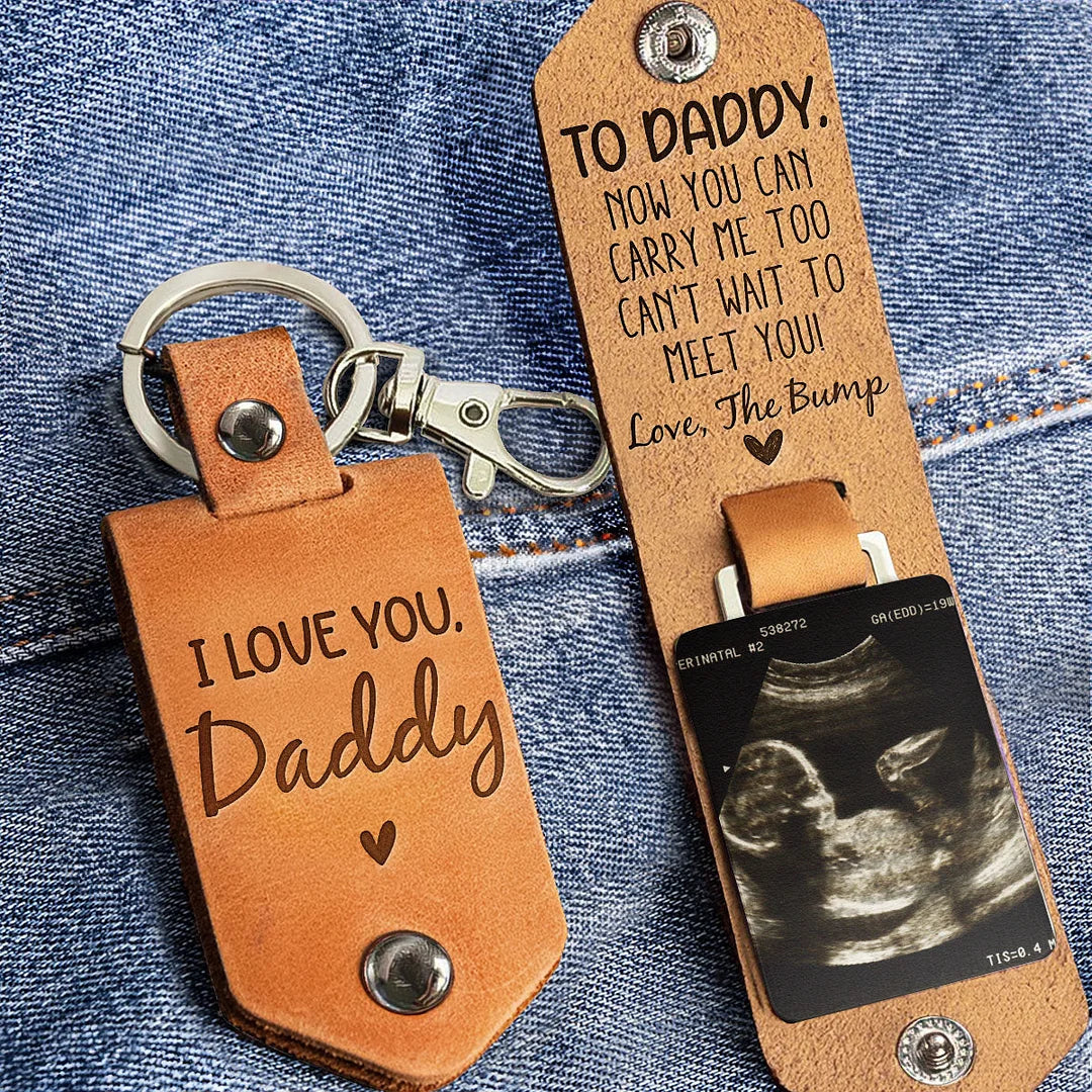 Daddy Can't Wait To Meet You From The Bump - Personalized Leather Photo Keychain For Dad