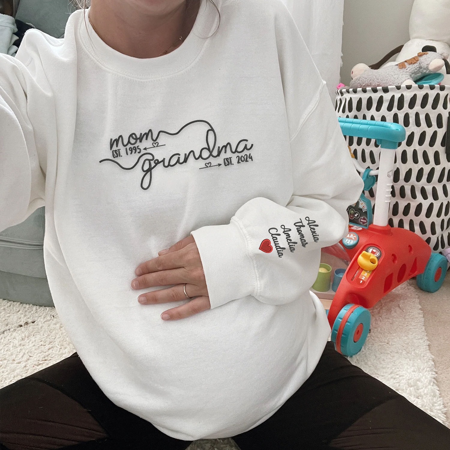 First Mom Then Grandma - Custom Embroidered Sweatshirt With Kids Name On Sleeve | Mother's Day Gift