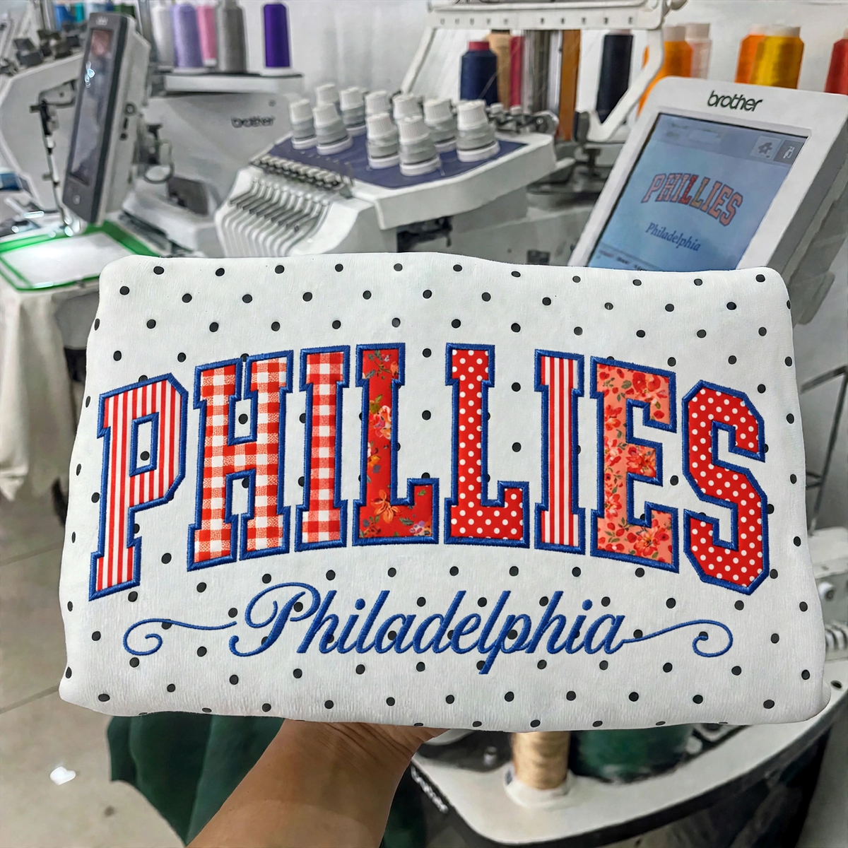 Custom Embroidered Patchwork Mix Fabric Baseball Team Polka Dot Sweatshirt | Game Day Wear