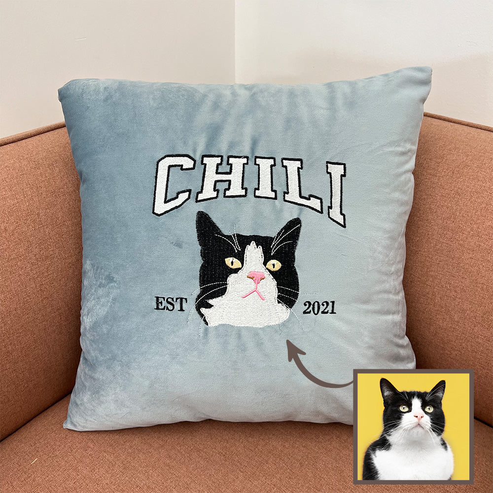 Custom Embroidered Pet Portrait Pillow Cushion With Pet Name, Pet Lover Gift