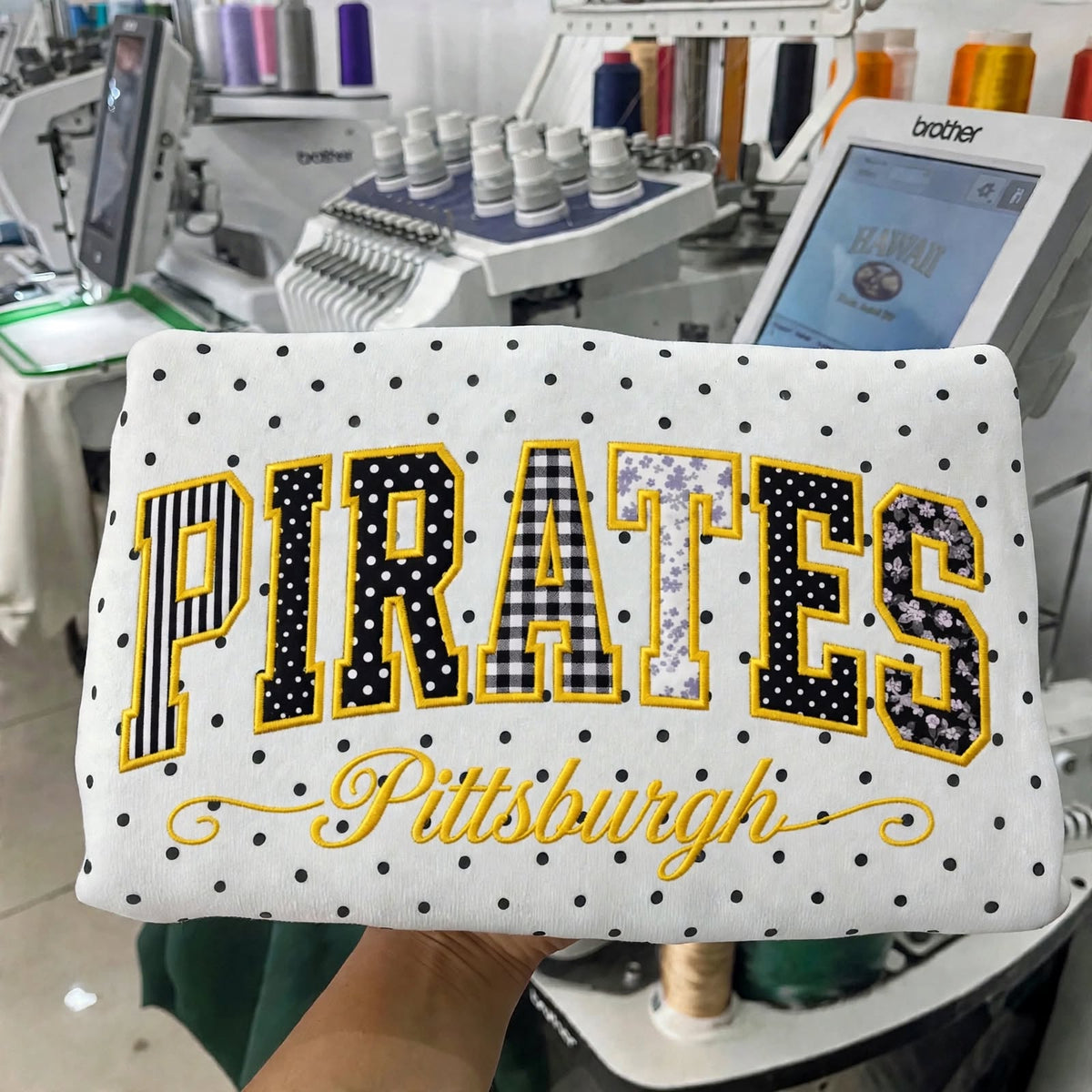 Custom Embroidered Patchwork Mix Fabric Baseball Team Polka Dot Sweatshirt | Game Day Wear